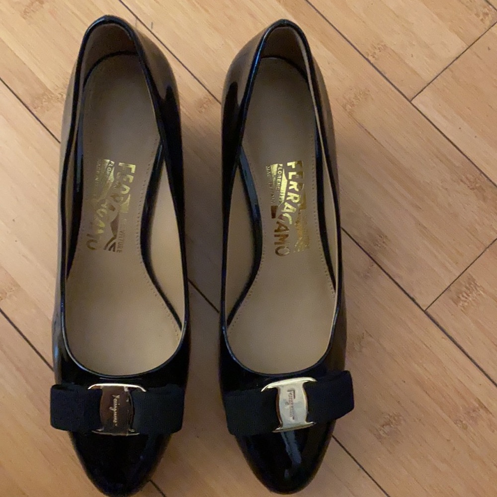Salvatore Ferragamo Black Patent Wedge